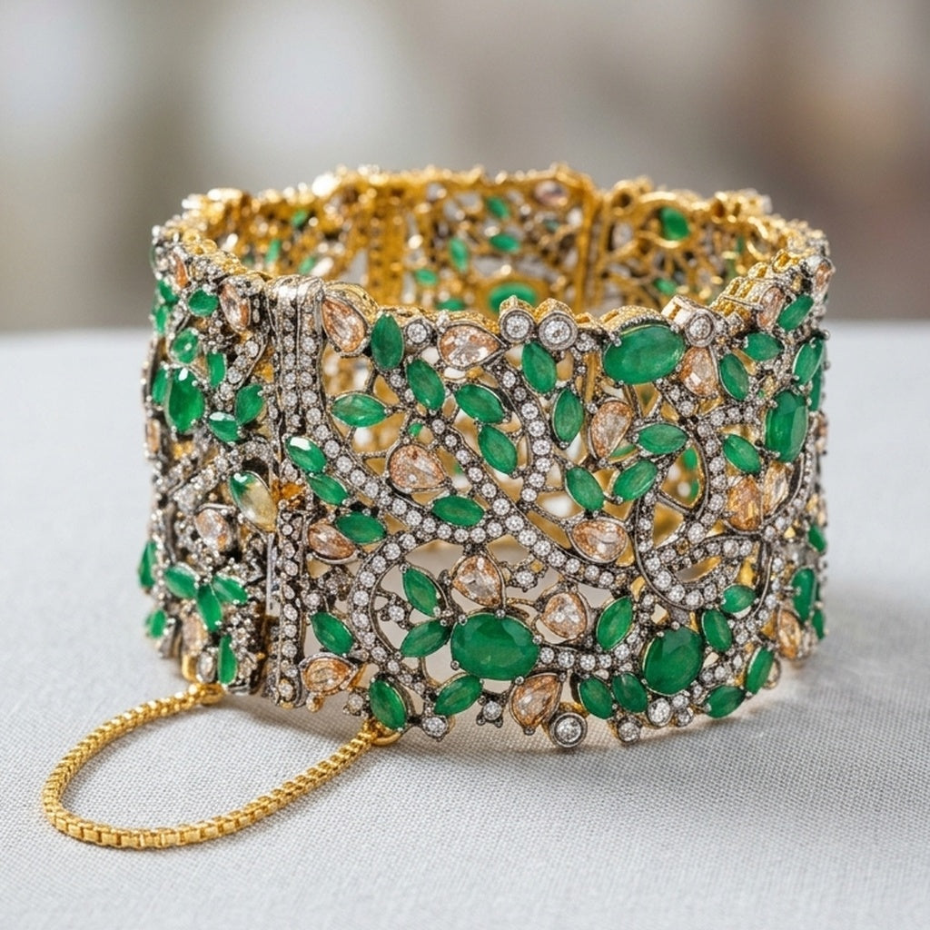 Antique Victorian-Style Emerald Kada with Polki & Kundan Work (FSKB194)