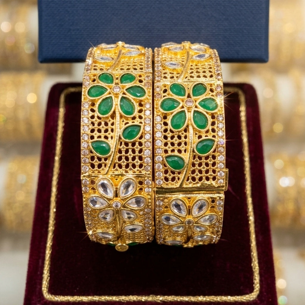 Gold Emerald Daisy Bangle Pair with Kundan Detailing (FSKB204)