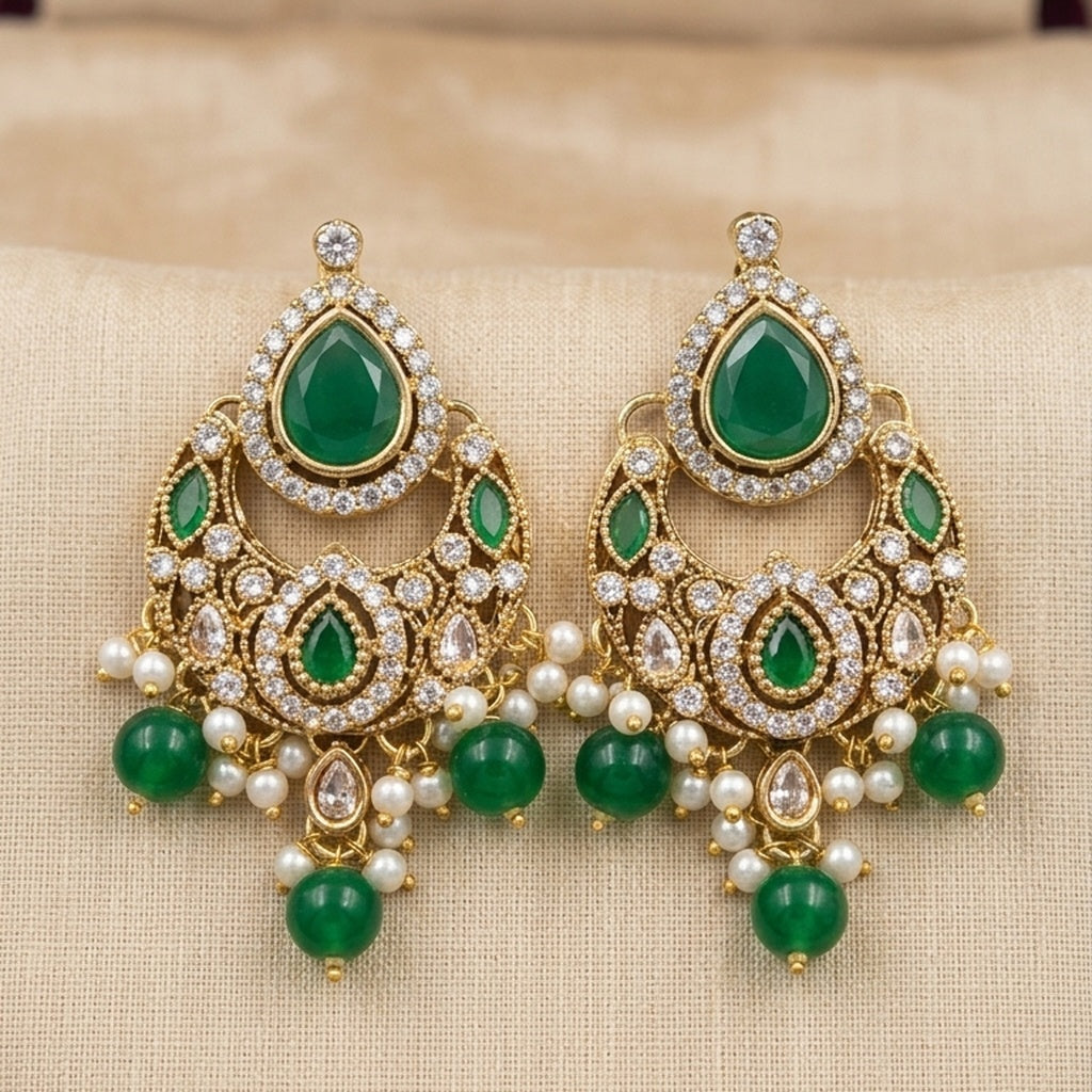 Gold Chandbali Earrings with Emerald Green Stones & Pearl Drops (FSE275)