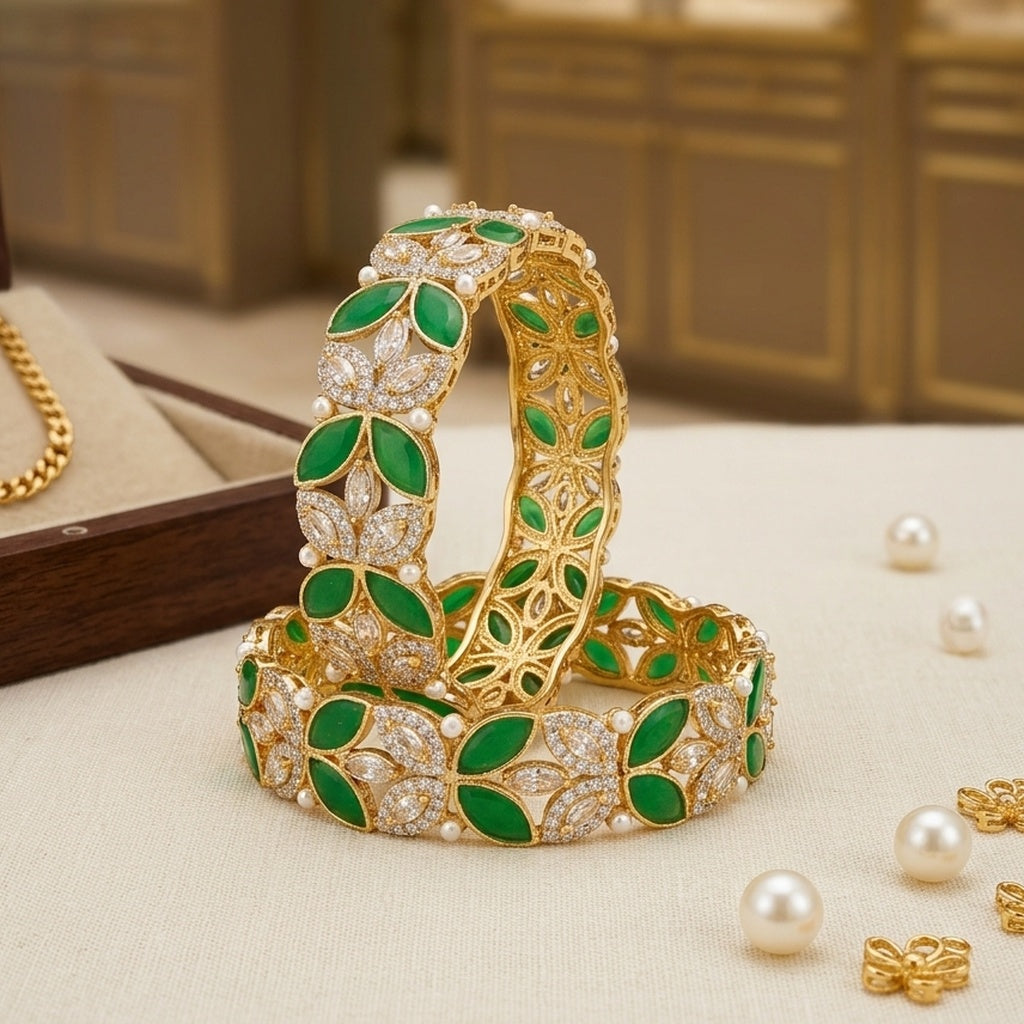 Gold Emerald Floral Bangle Pair (FSKB198)