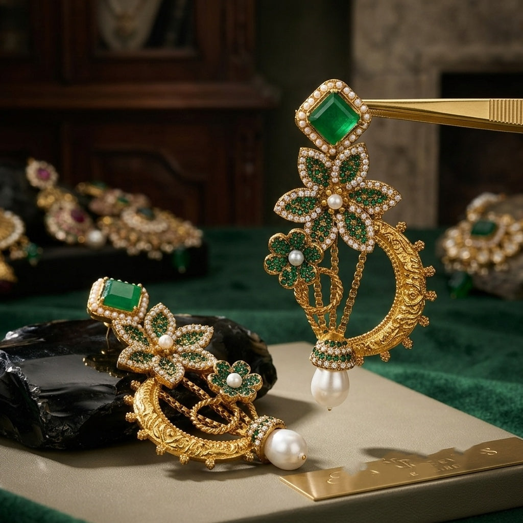 Gold Emerald Green Floral Earrings (FSE296)