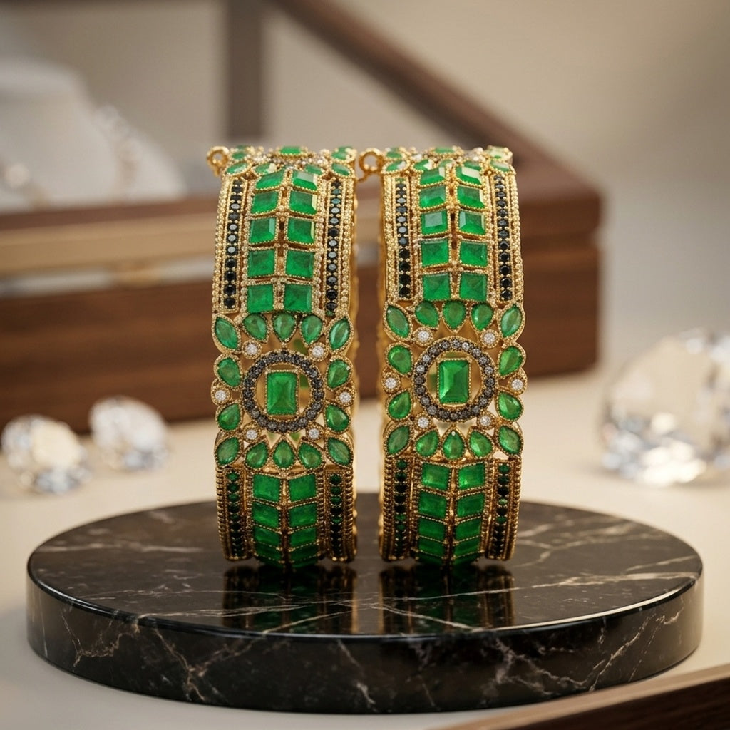 Gold Emerald Geometric Bangle Pair (FSKB210)
