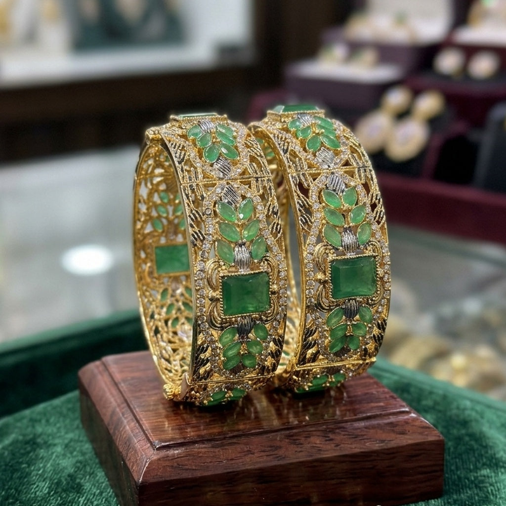 Gold Emerald Leaf Bangle Pair (FSKB203)