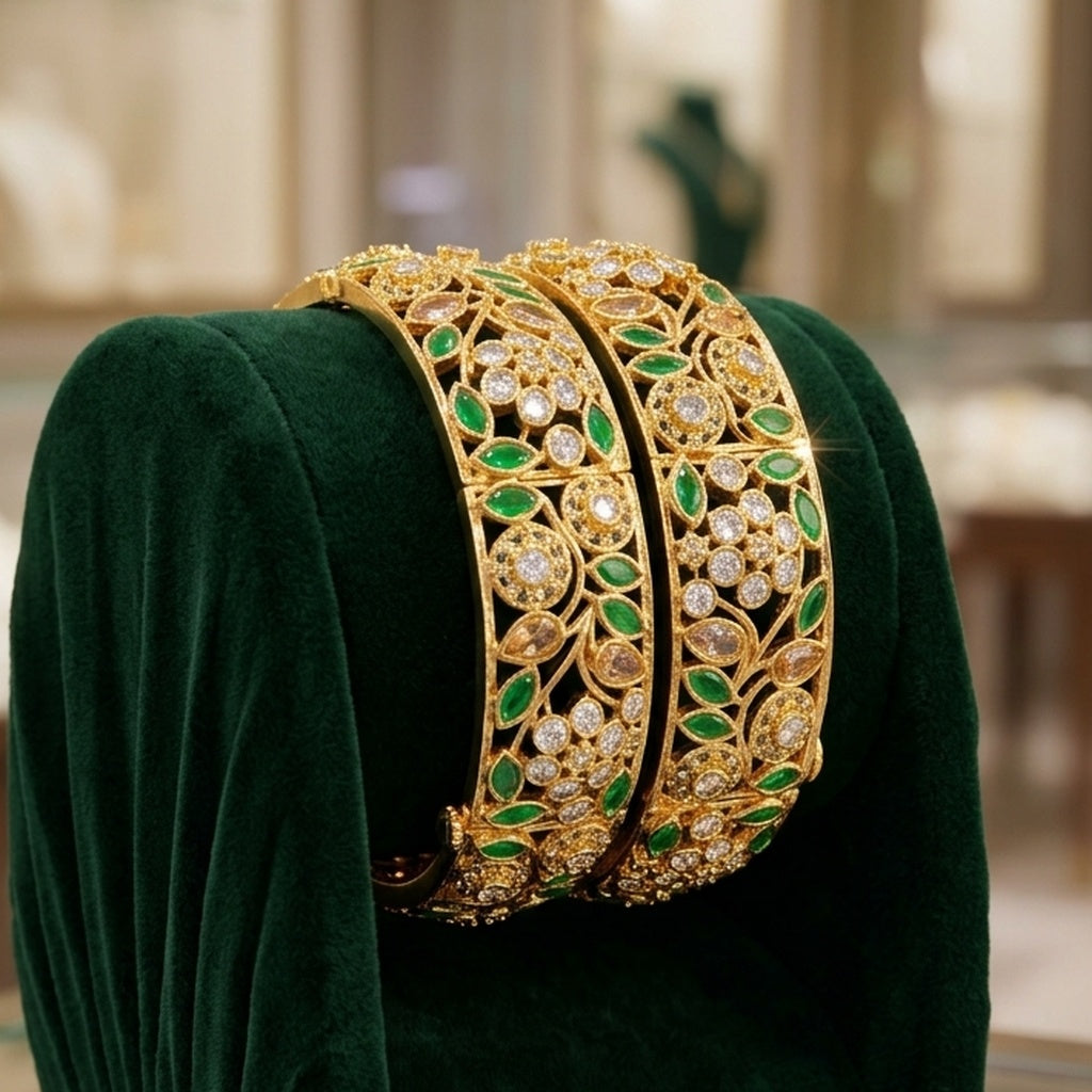 Gold Emerald Vine Bangle Pair with Crystal Florals (FSKB205)