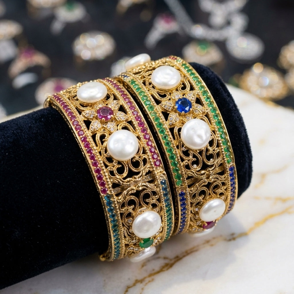 Gold Filigree Bangle with Baroque Pearl Accents (FSKB206)