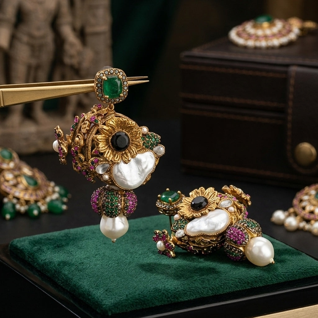 Antique Gold Floral Earrings with Baroque Pearl (FSE297)