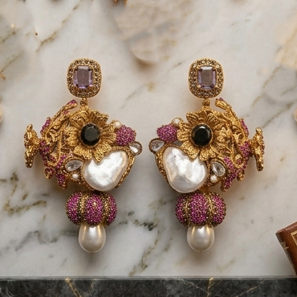 Antique Gold Floral Earrings with Baroque Pearl (FSE297)