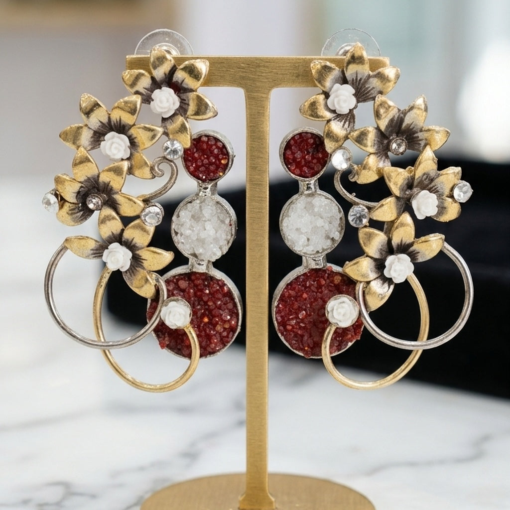 Vintage Floral Druzy Drop Earrings – Multiple Colors (FSE279)