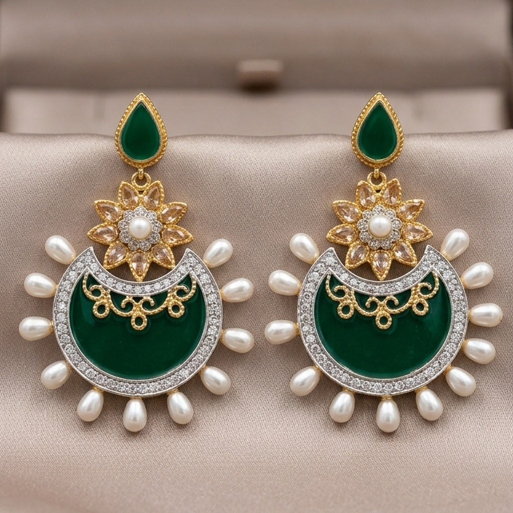 Green Enamel Chandbali Earrings with Pearl Drops (FSE285)