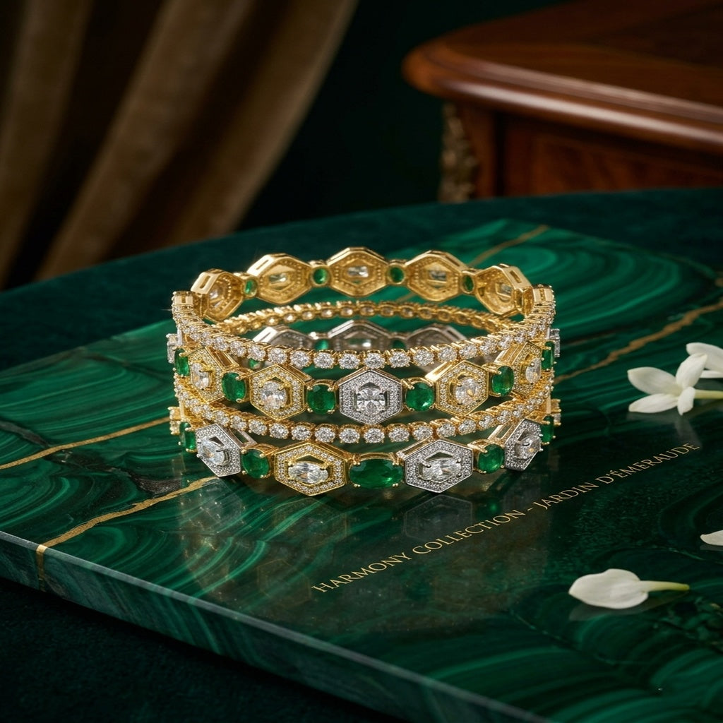 Emerald & Diamond Hexagon Stacked Bangles Set (FSB198)