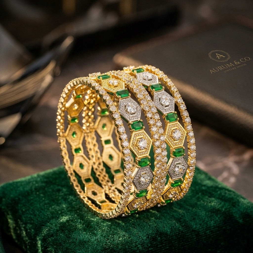 Emerald & Diamond Hexagon Stacked Bangles Set (FSB198)