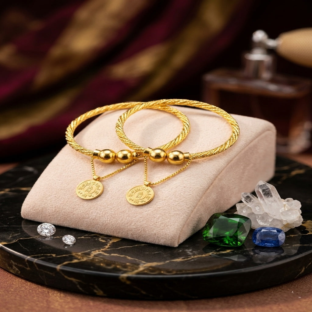 Twisted Gold Bangles with Lucky Coin Charm (FSKB212)