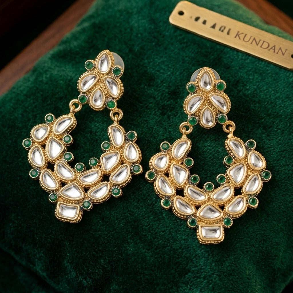 Gold Kundan Chandbali Earrings with Emerald Accents (FSE286)