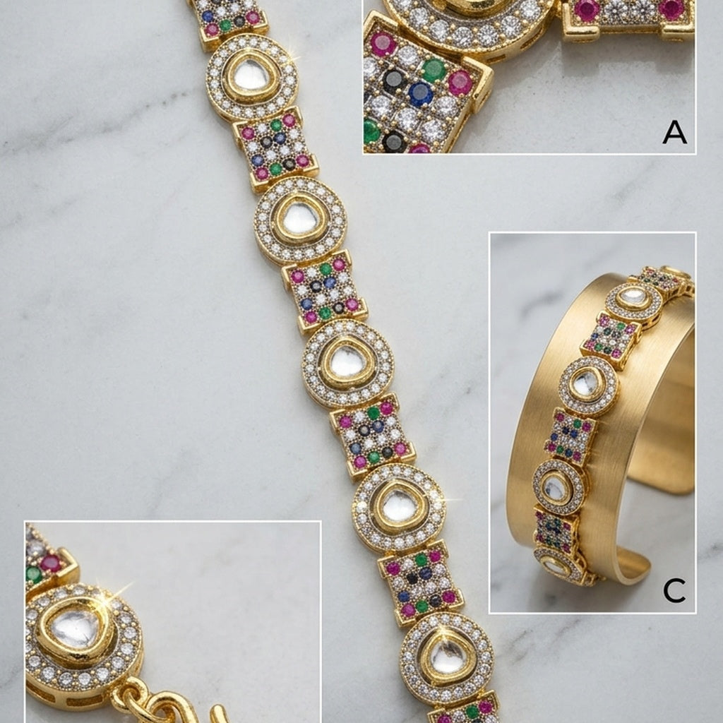 Gold Kundan Multicolor Stone Link Bracelet