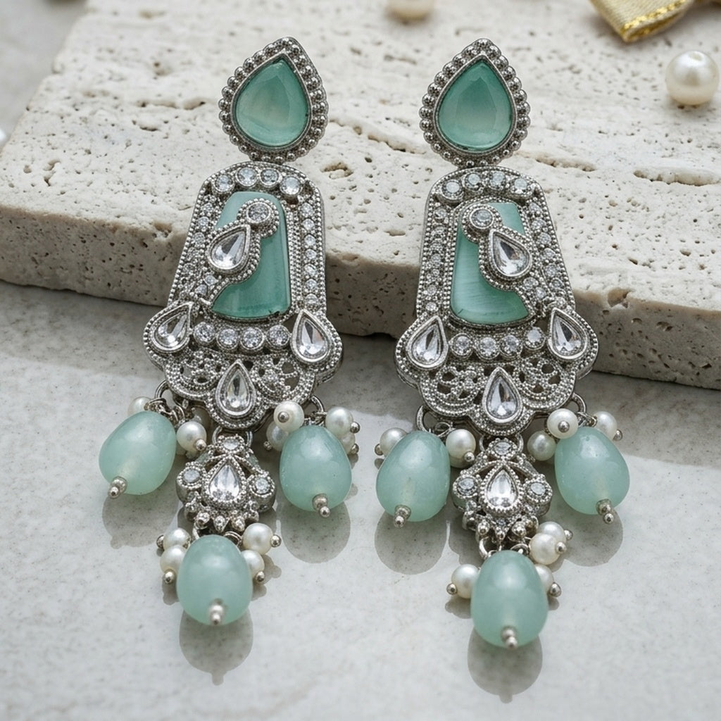Oxidized Silver Mint Stone Earrings (FSE288)