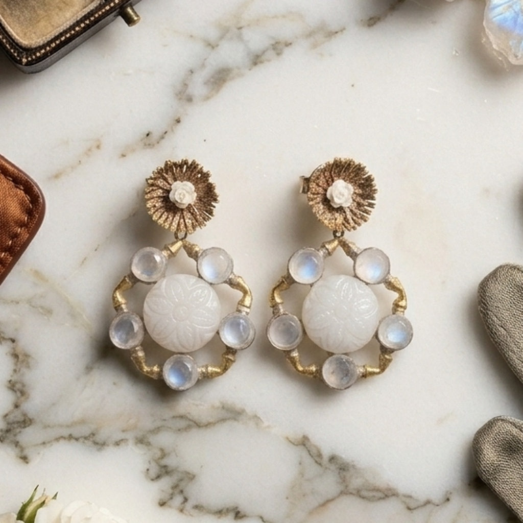 Gold Moonstone Carved Floral Earrings (FSE300)