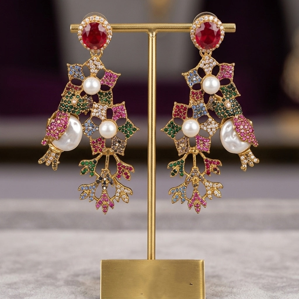 Gold Multicolor Gemstone Statement Earrings (FSE295)