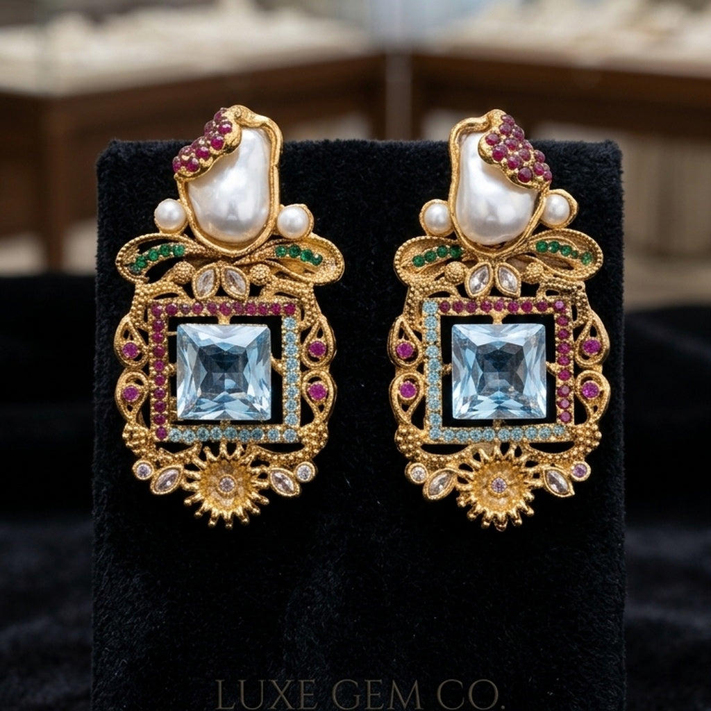 Antique Gold Multicolor Gemstone Earrings (FSE282)