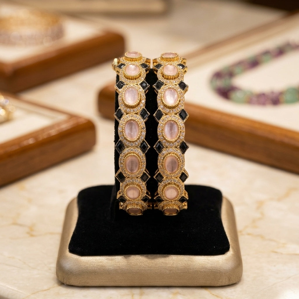 Gold Oval Stone Bangle Pair (FSKB199)