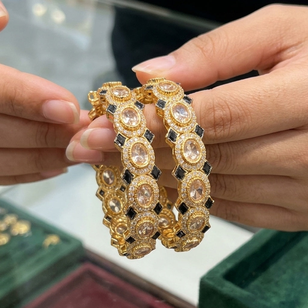 Gold Oval Stone Bangle Pair (FSKB199)
