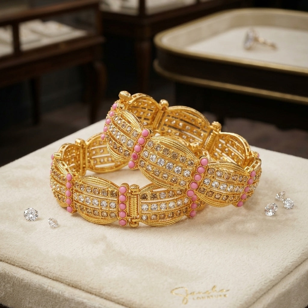 Gold Crystal Cage Bangle with Pink Bead (FSKB200)