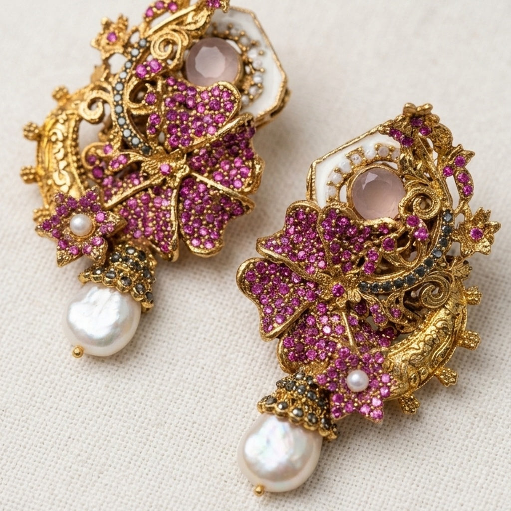 Antique Gold Pink Floral Earrings with Baroque Pearl Drop (FSE284)