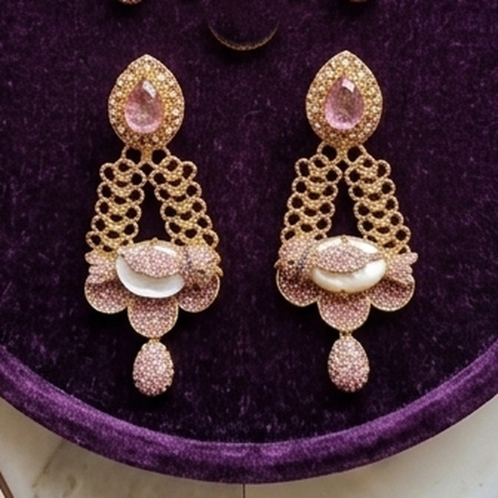 Gold Pink Chandelier Earrings (FSE298)