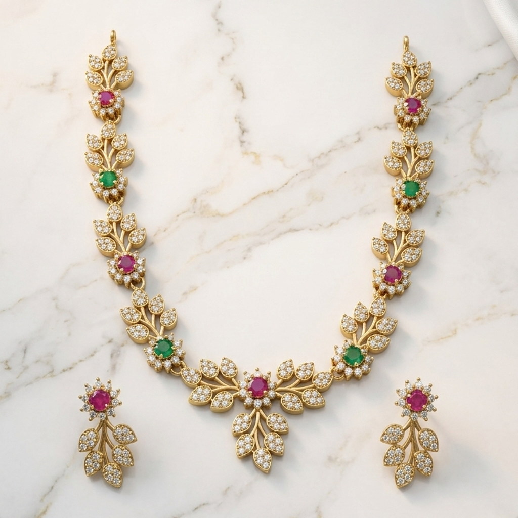 American Diamond (AD) gold leaf necklace set with ruby and emerald stones and earrings - PJ Fashion Pakistan