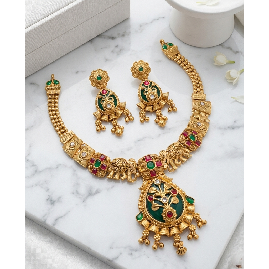 Antique gold elephant design necklace set with green meenakari and earrings - PJ Fashion Pakistan