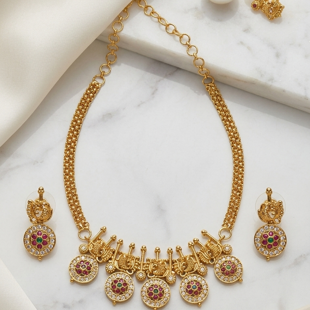 Antique gold round motif necklace set with ruby emerald stones and earrings - PJ Fashion Pakistan