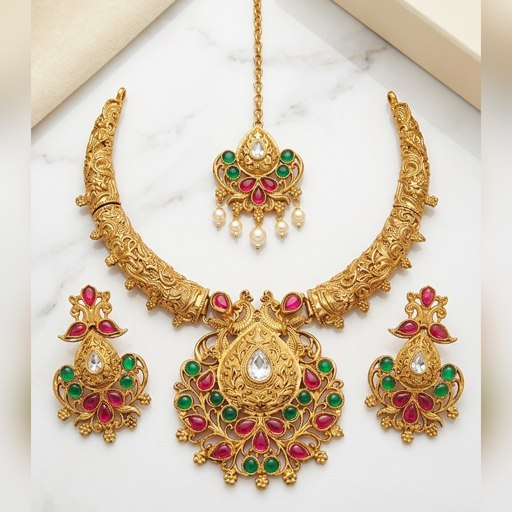 Antique gold hasli necklace set with peacock pendant, earrings and tikka - PJ Fashion Pakistan
