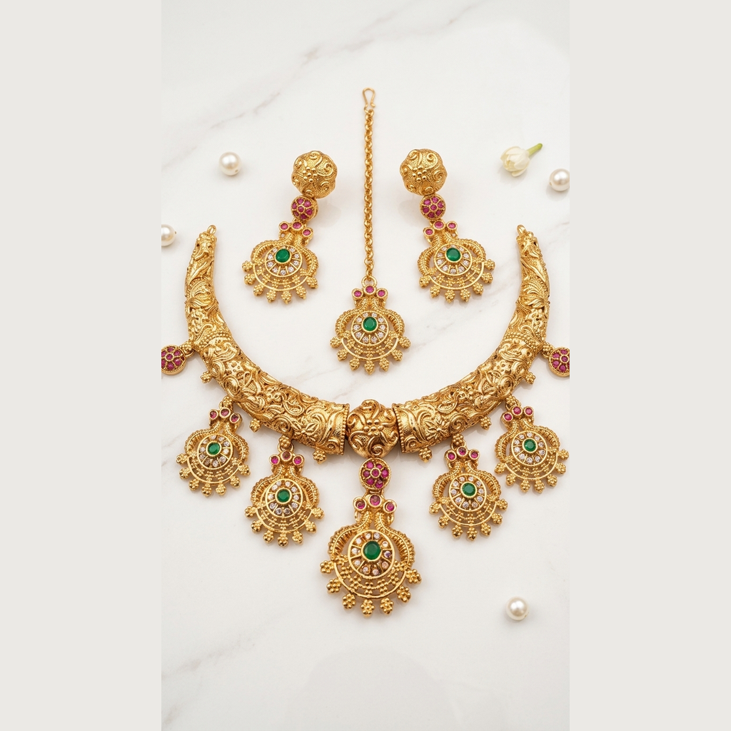 Antique gold hasli necklace set with ruby emerald stones, earrings and tikka - PJ Fashion Pakistan