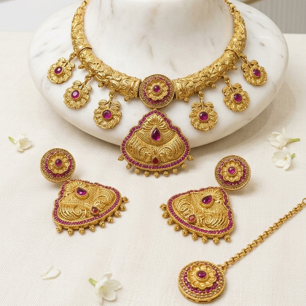 Antique gold hasli necklace set with ruby pink stones, earrings and tikka - PJ Fashion Pakistan