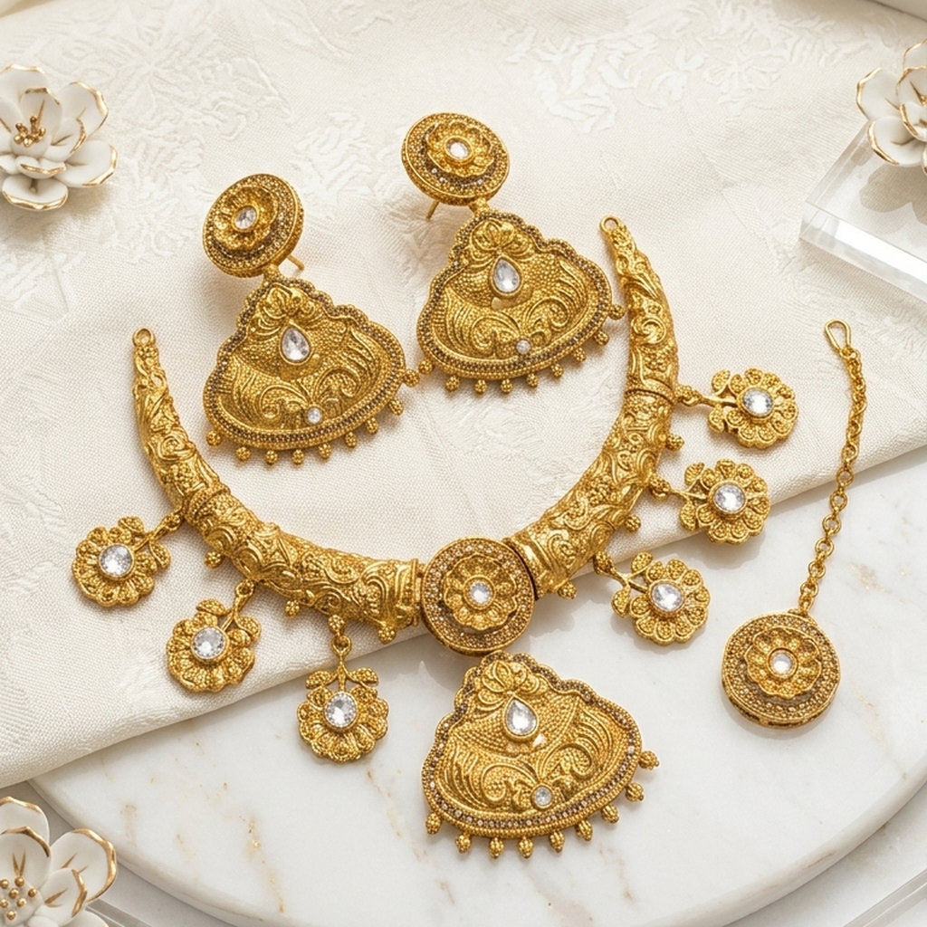 Antique gold hasli necklace set with white stones, earrings and tikka - PJ Fashion