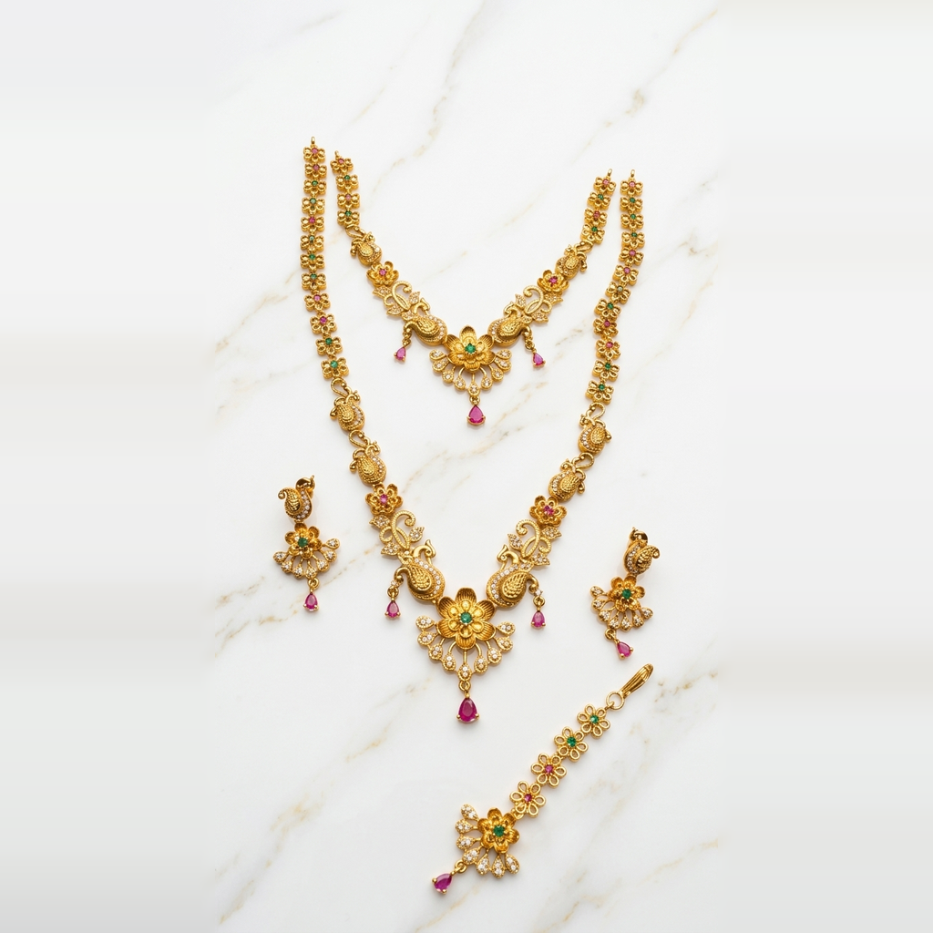Antique gold long haar set with short necklace, earrings and tikka with ruby emerald stones - PJ Fashion Pakistan