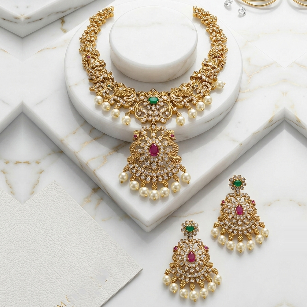 Antique gold peacock design necklace set with ruby, emerald, pearl drops and earrings - PJ Fashion Pakistan