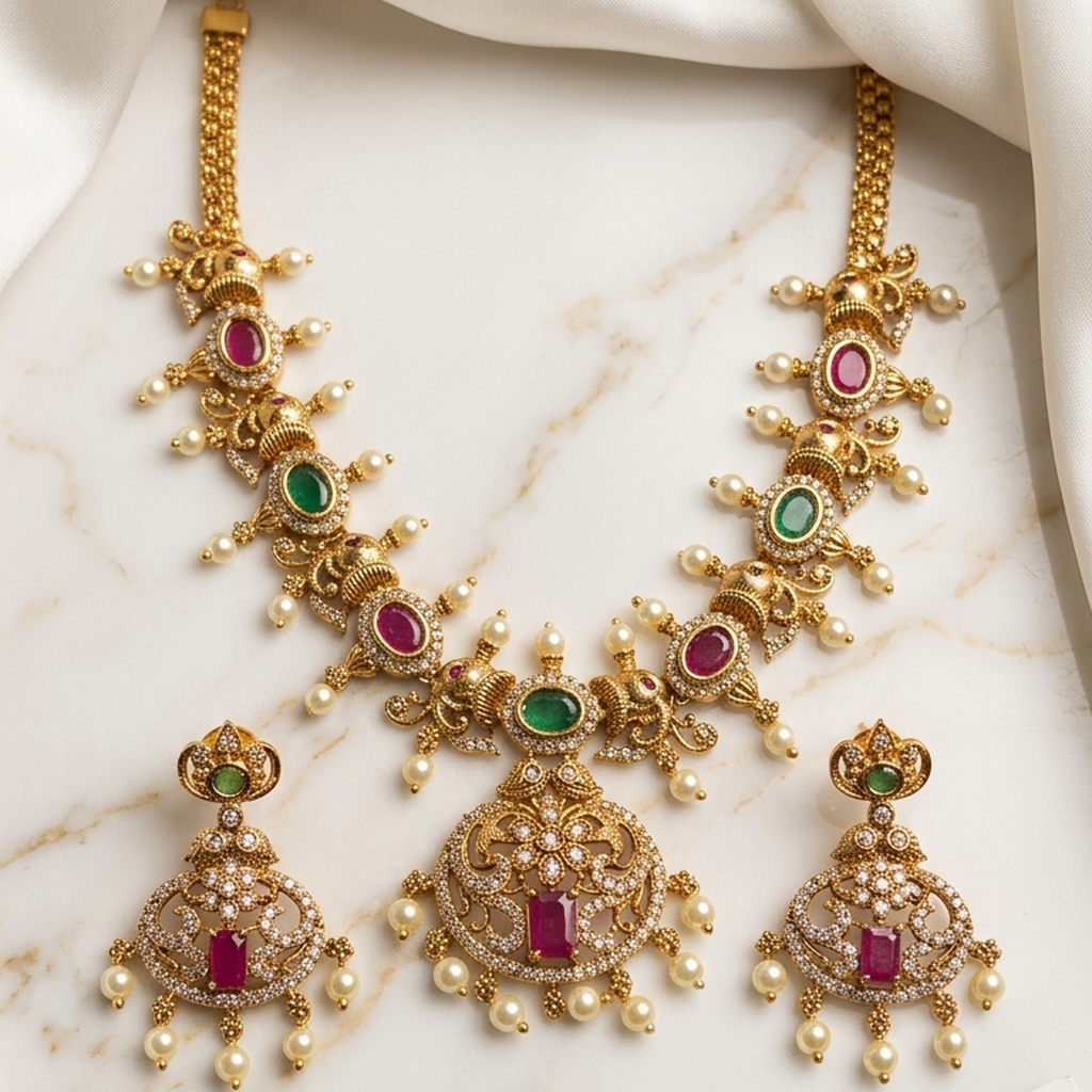 Antique gold ruby emerald necklace set with pearl drops and earrings on marble - PJ Fashion Pakistan
