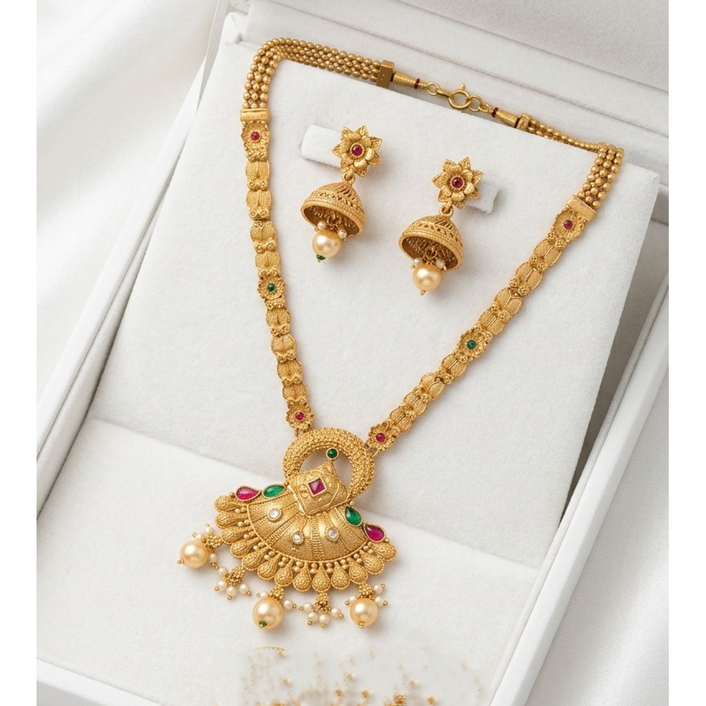 Antique gold temple necklace set with jhumka earrings in gift box - PJ Fashion Pakistan