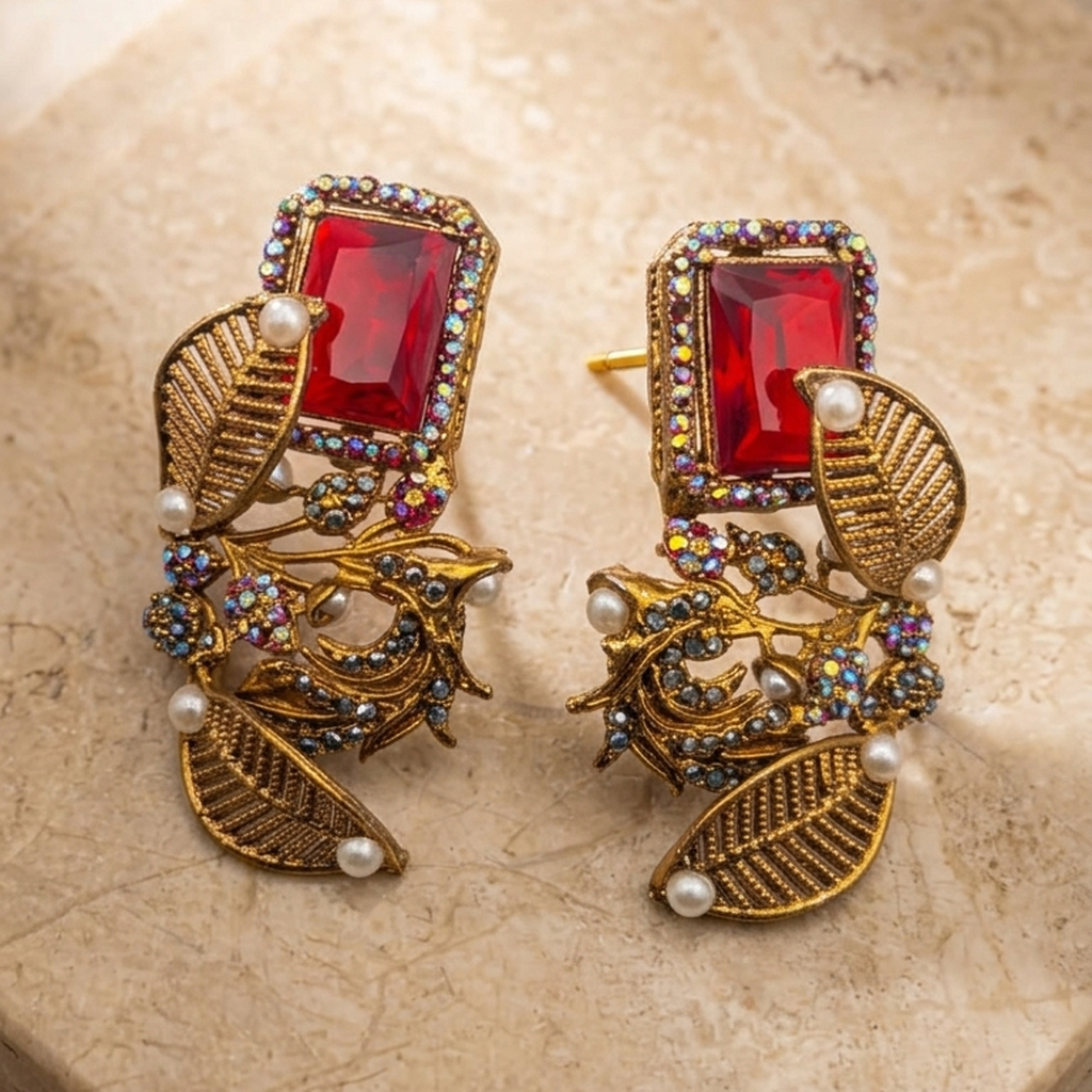 Antique Gold Leaf Design Stud Earrings (FSE308)