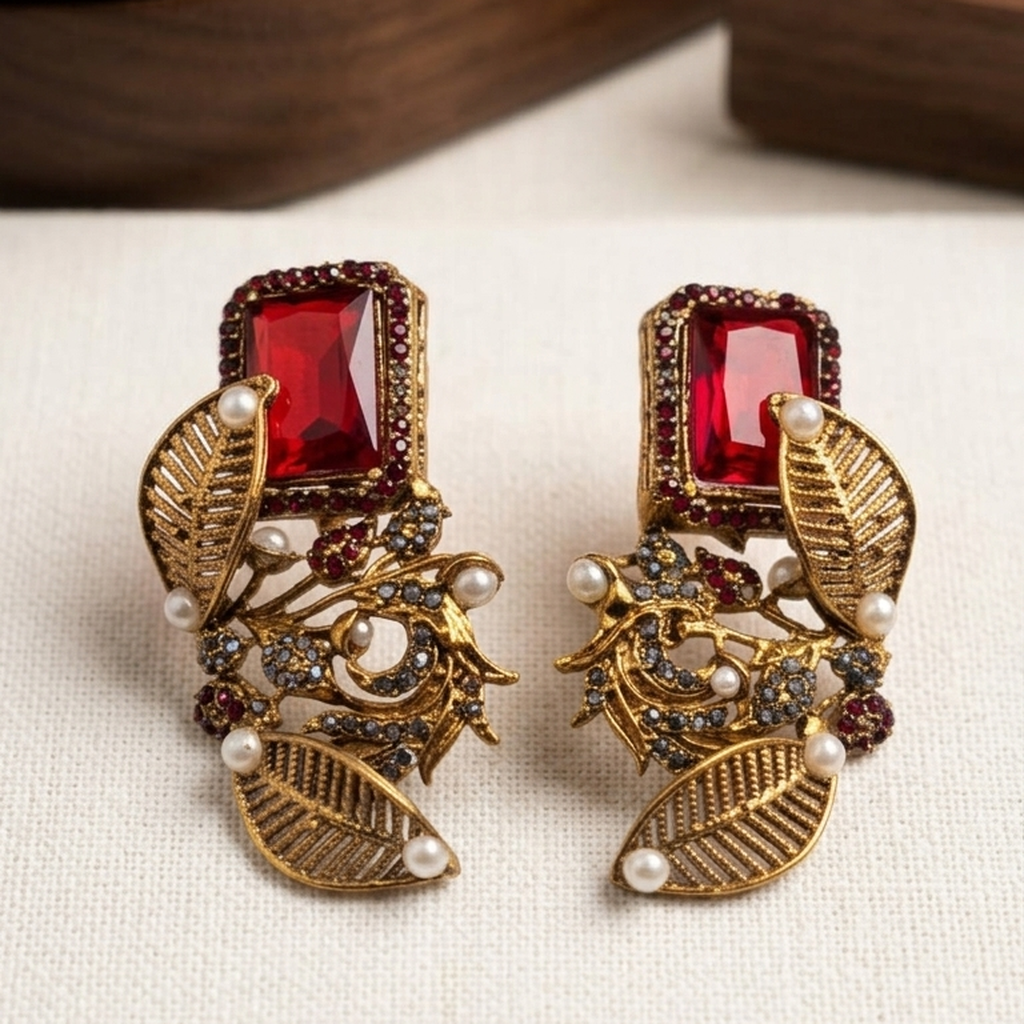 Antique Gold Leaf Design Stud Earrings (FSE308)
