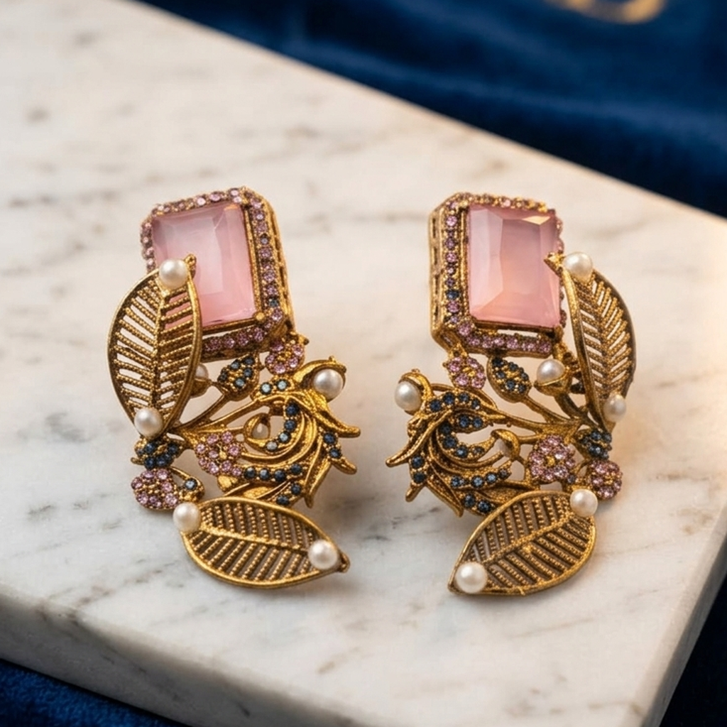 Antique Gold Leaf Design Stud Earrings (FSE308)