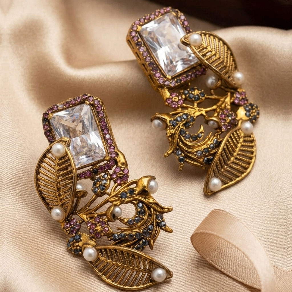 Antique Gold Leaf Design Stud Earrings (FSE308)