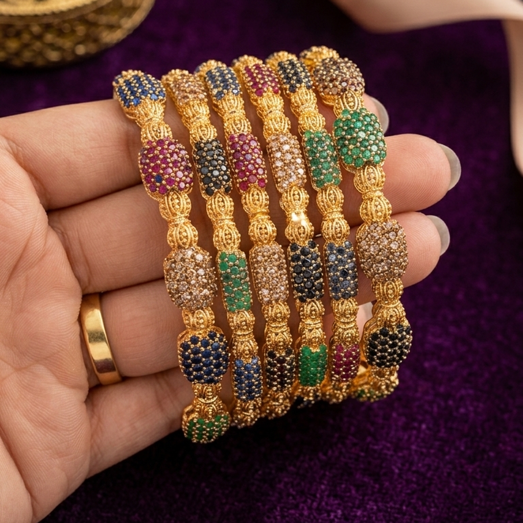 Set of 6 Multicolor Stone Gold Bangles (FSB207)