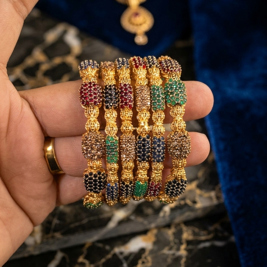 Set of 6 Multicolor Stone Gold Bangles (FSB207)