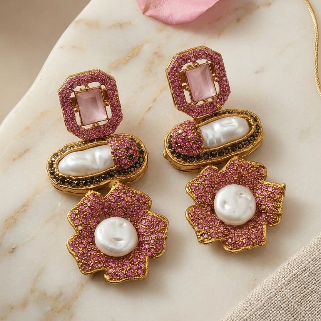 Gold Flower Drop Earrings (FSE309)