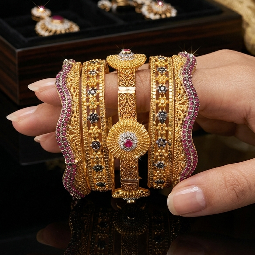 Heavy bridal gold bangle set worn on hand - PJ Fashion Pakistan