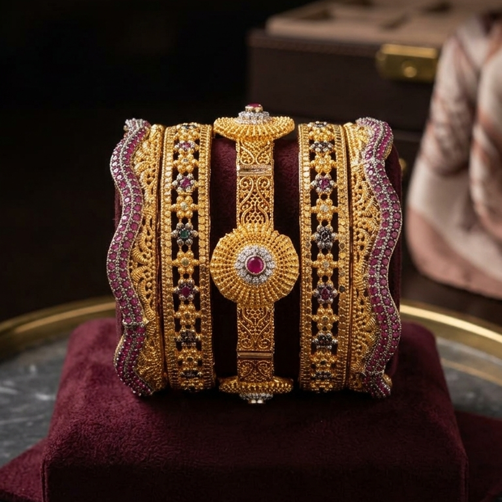 Ruby and multicolor stone gold bridal bangle set - PJ Fashion