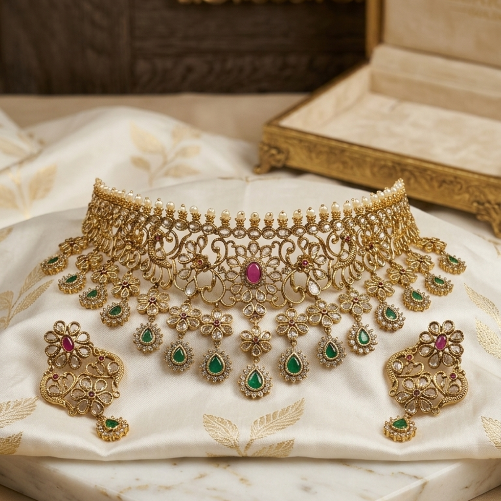 Antique Gold Bridal Choker Necklace Set (FDN299)