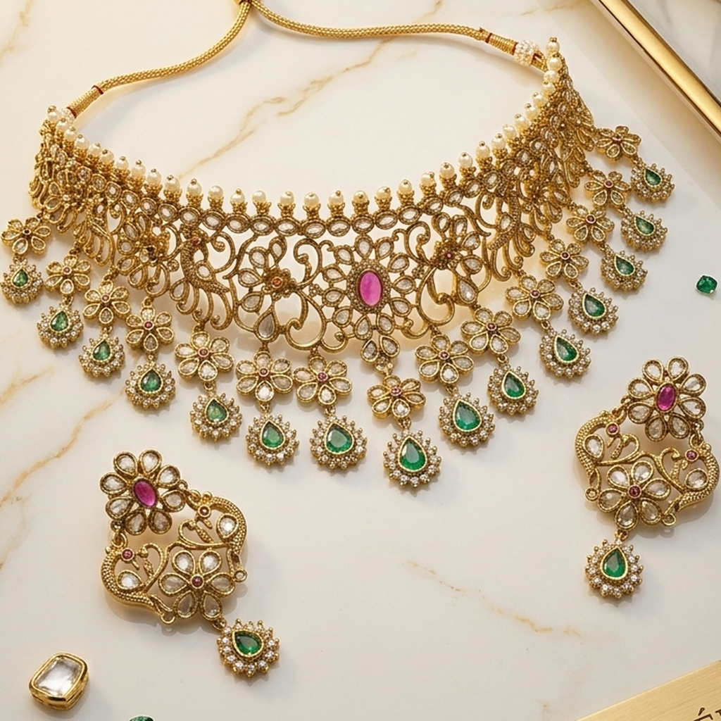 Antique Gold Bridal Choker Necklace Set (FDN299)