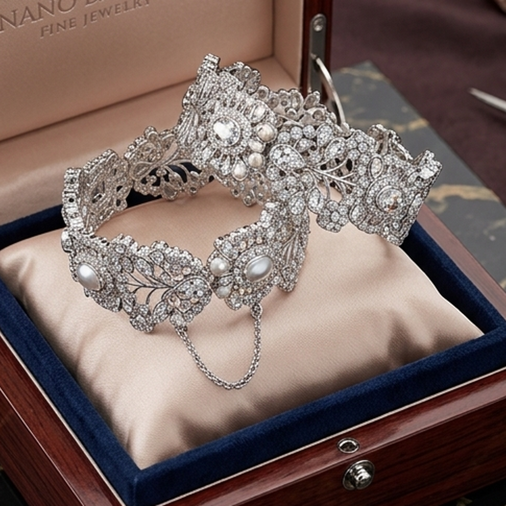 Silver CZ pearl bridal cuff bracelet in jewelry box - PJ Fashion Pakistan